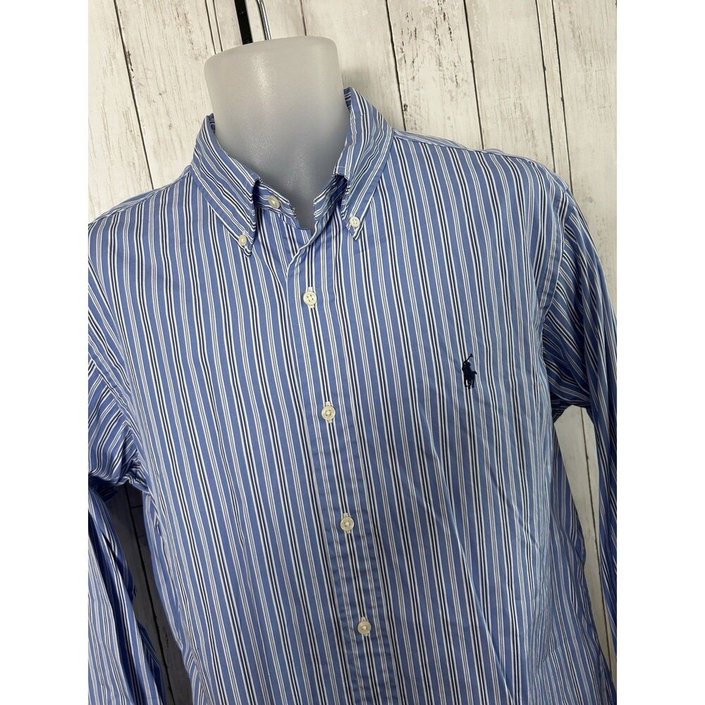 Men's Ralph Lauren Polo Shirt Blue Stripe Size L Custom Fit